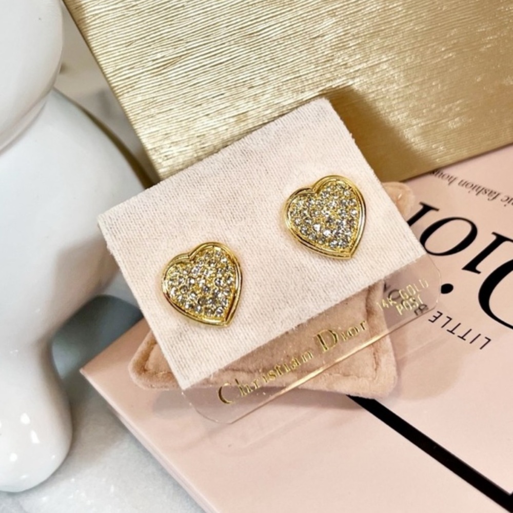 |SOLD| Christian Dior Gold Plated Heart Earrings w/ Swarovski Crystals - Picture 3 of 8